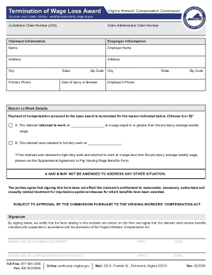 Termination of Wage Loss Award Virginia Workers' Compensation