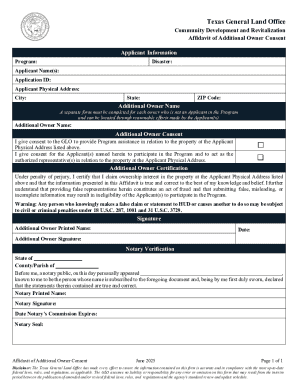 Texas General Land Office Affidavit of Additional Owner Consent