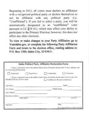 Idaho Political Party Affiliation Declaration Form