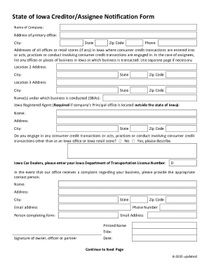 Iowa Creditor/Assignee Notification Form