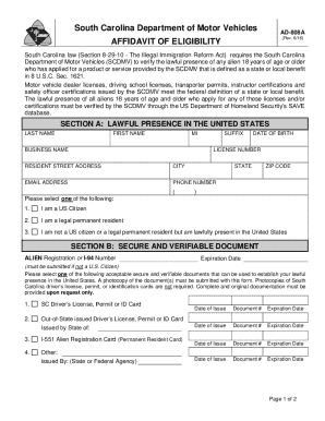 South Carolina Affidavit of Eligibility