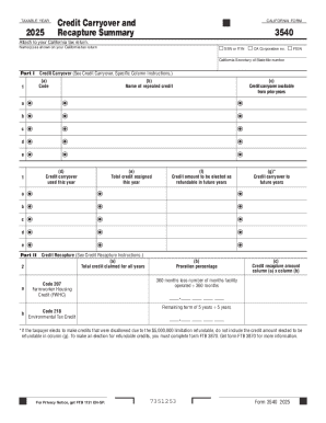 California Form 3540 2025 Credit Carryover and Recapture Summary