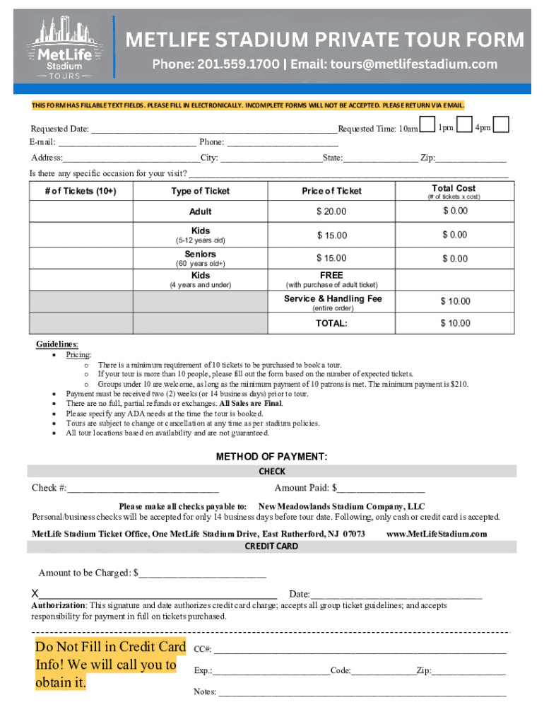 MetLife Stadium Tour Group Ticket Request Form - Blank Fillable ...