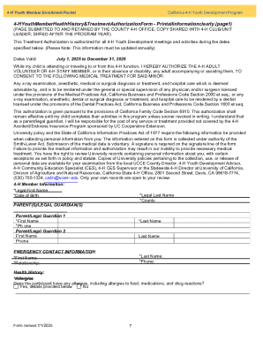 California 4-H Youth Member Health History & Treatment Authorization Form