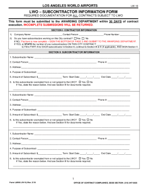 Los Angeles Subcontractor Information Form LW-18