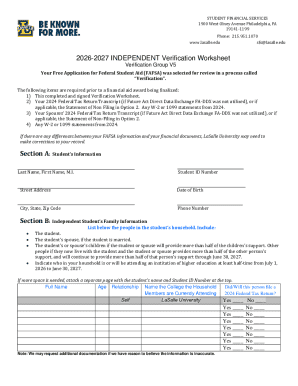 2026-2027 Independent Verification Worksheet
