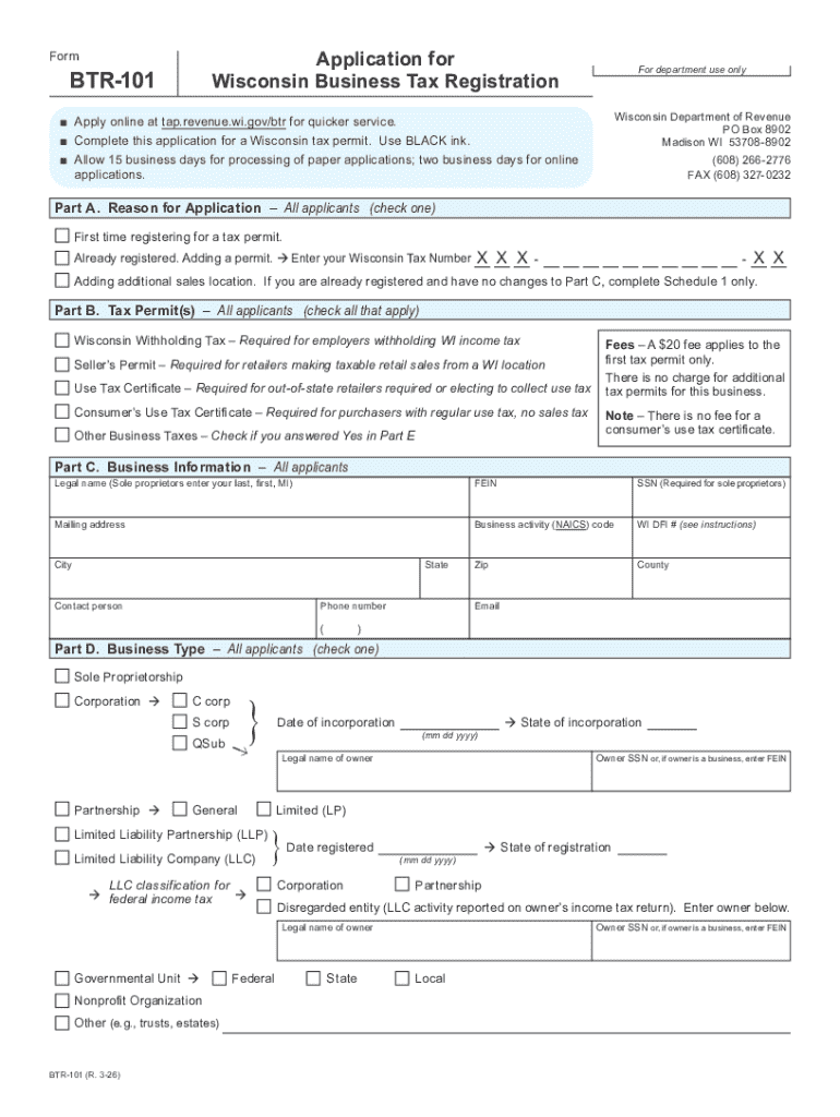 March 2026 BTR-101 Application for Wisconsin Business Tax Registration (fillable) Preview on Page 1