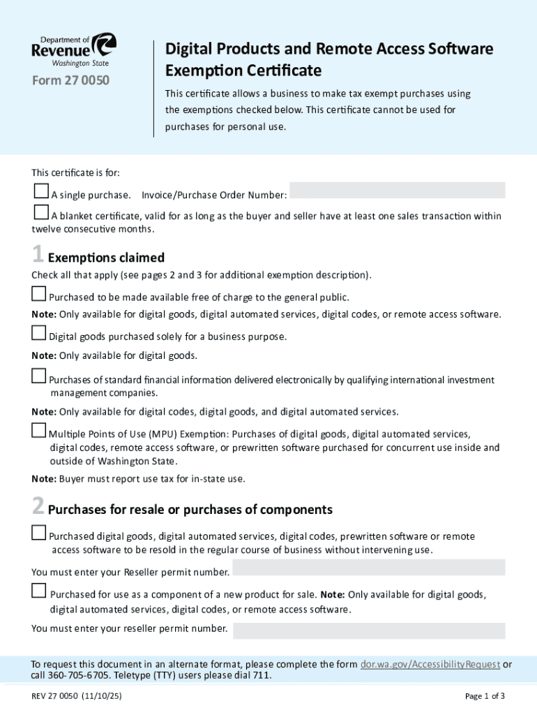 Form 27-0050 - Digital Products and Remote Access Software Exemption Certificate Preview on Page 1