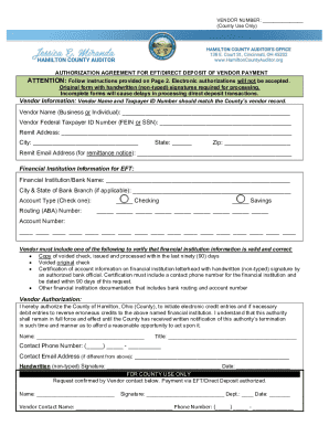 Authorization Agreement for EFT/Direct Deposit of Vendor Payment