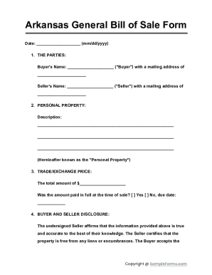 Arkansas General Bill of Sale Form