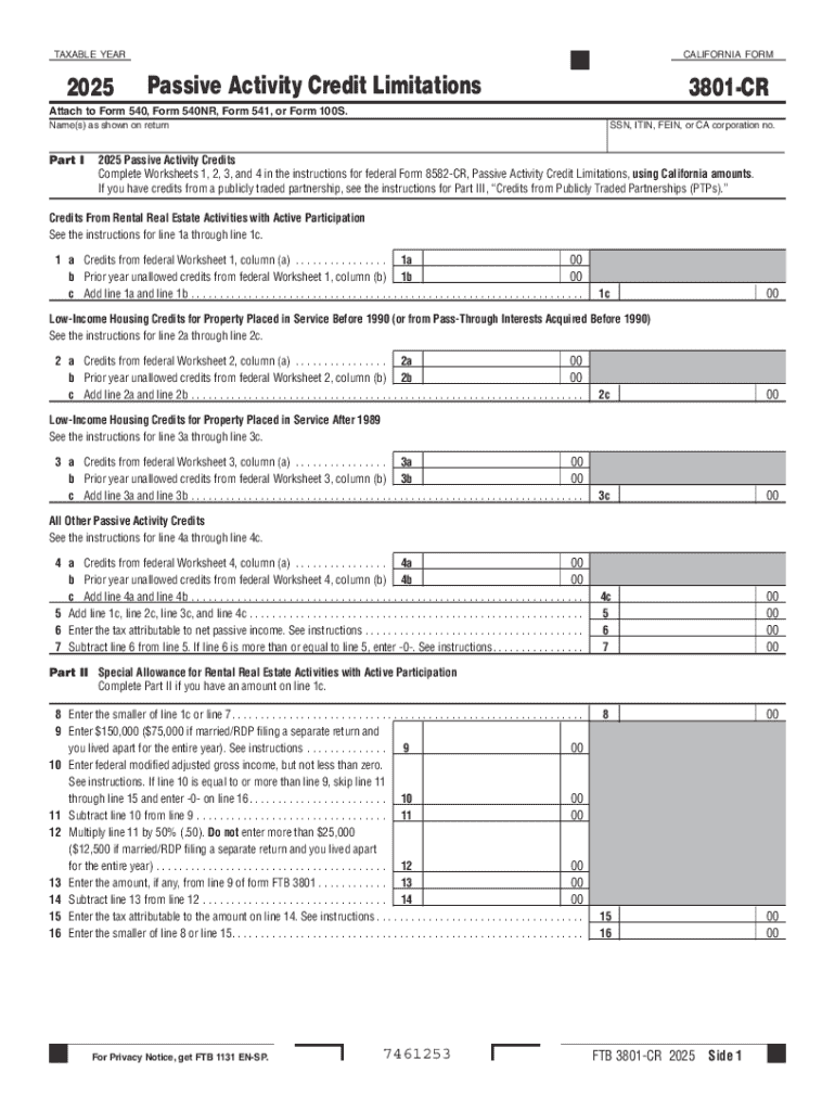 California Form 3801-CR 2025 Passive Activity Credit Limitations Preview on Page 1
