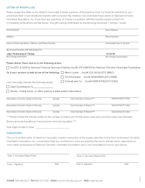 Letter of Intent for Stock and Mutual Funds Donation