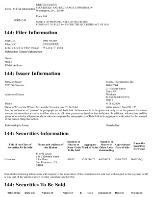 Form 144 Notice of Proposed Sale of Securities