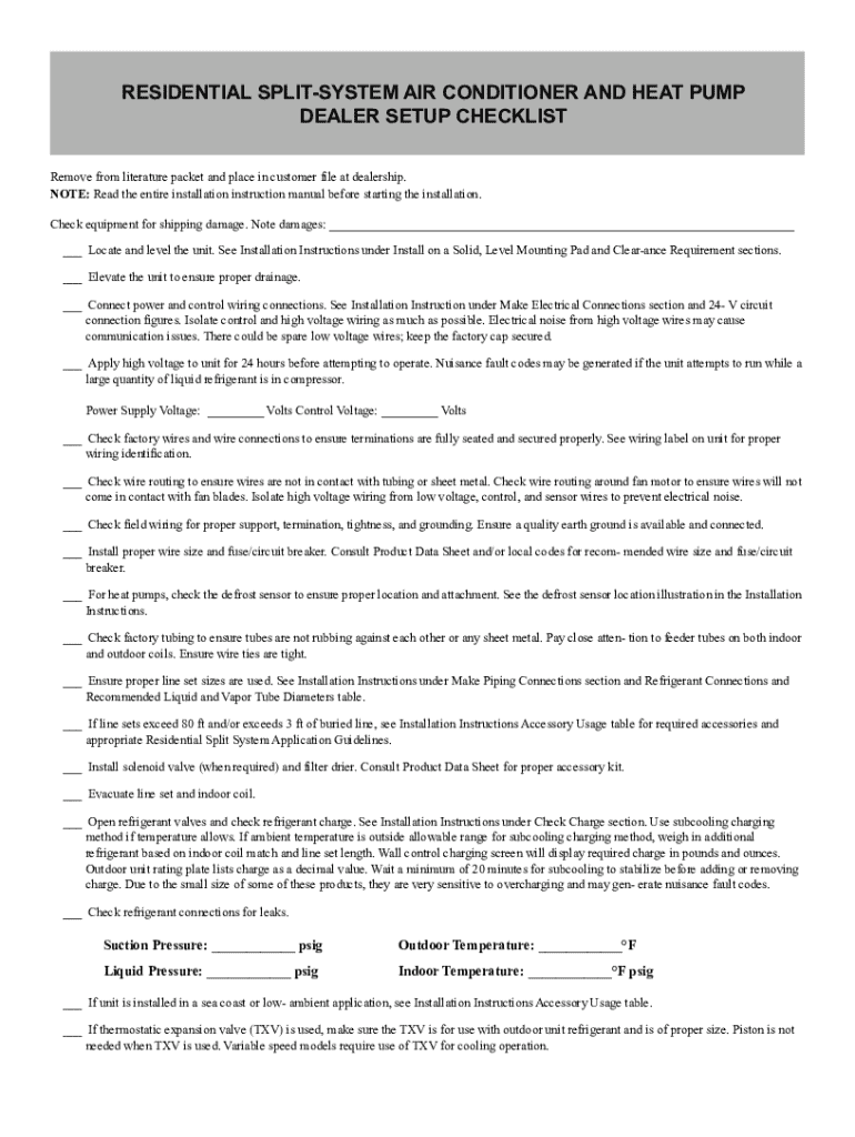 Mini Split Install Checklist.pdf Residential Split-System Air Conditioner Setup Checklist - Blank ...