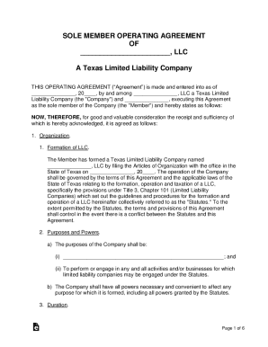 Texas Sole Member Operating Agreement