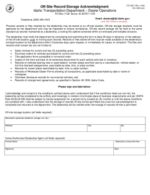 Idaho Off-Site Record Storage Acknowledgment