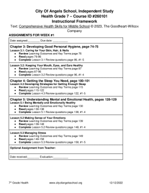 7th Grade Health Weekly Assignments