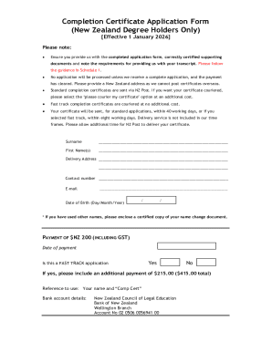 New Zealand Completion Certificate Application Form