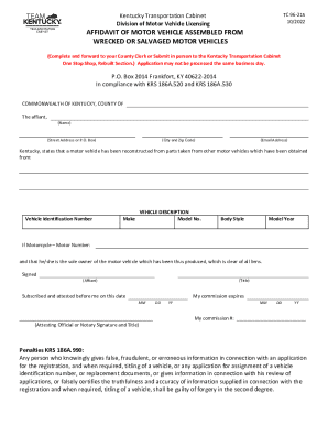 Kentucky Rebuilt Vehicle Affidavit