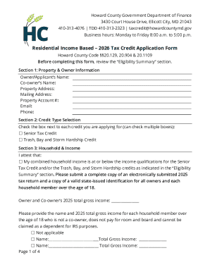 Howard County Residential Income Based 2026 Tax Credit Application Form