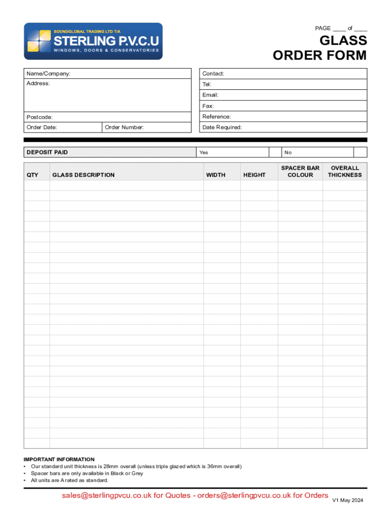 Window Shape Order Form Glass Order Form - Blank Fillable Template | Fill Out, Print & Download ...