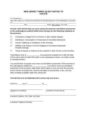 New Jersey Three Day Notice to Vacate