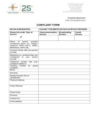 South Africa Telecommunication Complaint Form