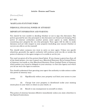 Maryland Statutory Form Personal Financial Power of Attorney