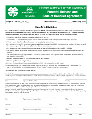 4-H Parental Release and Code of Conduct Agreement