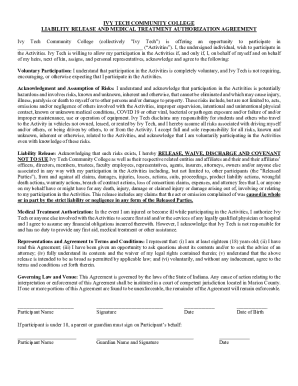 Ivy Tech Liability Release and Medical Treatment Authorization