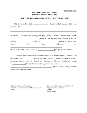 Certificate on Proof of Receipt/Delivery of Paddy