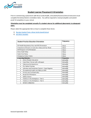 Nova Scotia Health Student Placement Orientation Form