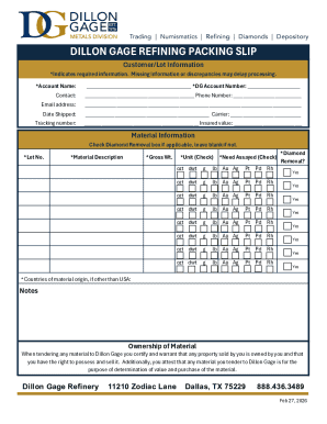 Dillon Gage Refining Packing Slip