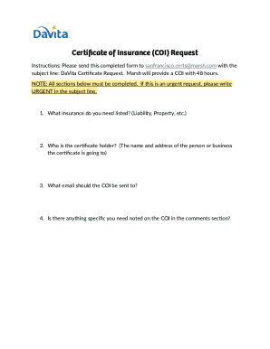 Certificate of Insurance Request Form