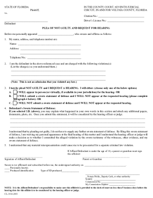 Florida Plea of Not Guilty and Request for Hearing