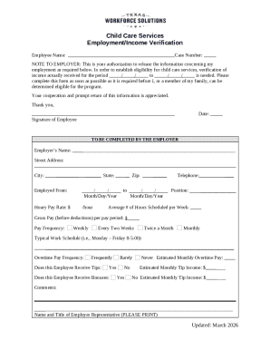Child Care Services Employment Verification Form