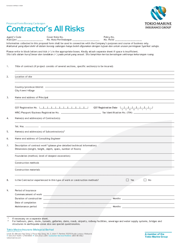 Contractor’s All Risks Insurance Proposal Form - Blank Fillable ...