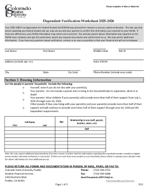Dependent Verification Worksheet 2025-2026