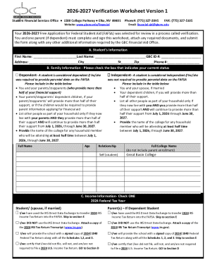 2026-2027 FAFSA Verification Worksheet