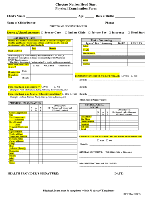 Choctaw Nation Head Start Physical Examination Form