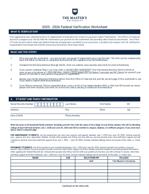 2025 - 2026 Federal Verification Worksheet