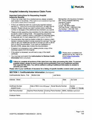 MetLife Hospital Indemnity Insurance Claim Form
