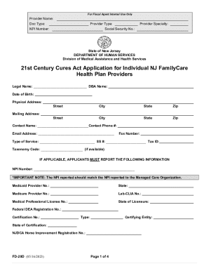 21st Century Cures Act Application for Individual NJ FamilyCare Health Plan Providers
