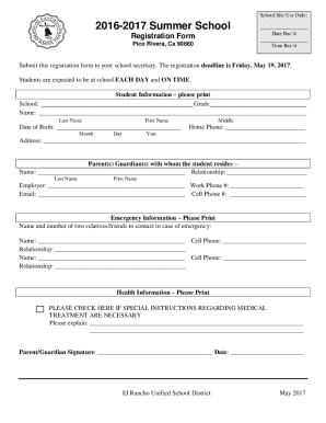 2016-2017 Summer School Registration Form