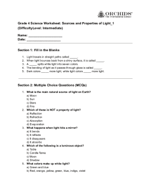 Grade 4 Science Worksheet: Sources and Properties of Light