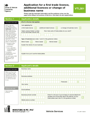 UK Motor Trade Licence Application Form VTL301