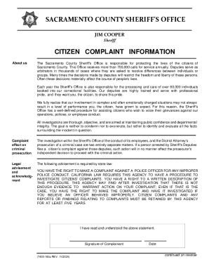Sacramento County Sheriff's Office Citizen Complaint Form