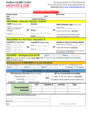 Montclair State University Immunization History Form