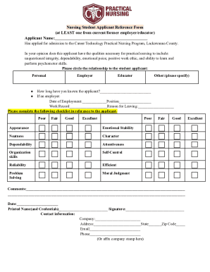 Nursing Student Applicant Reference Form