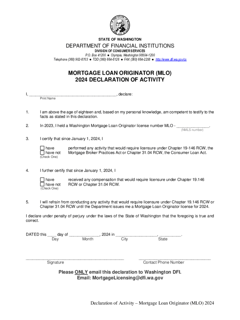 Mlo Form Washington 2024 Mortgage Loan Originator Declaration - Blank Fillable ...